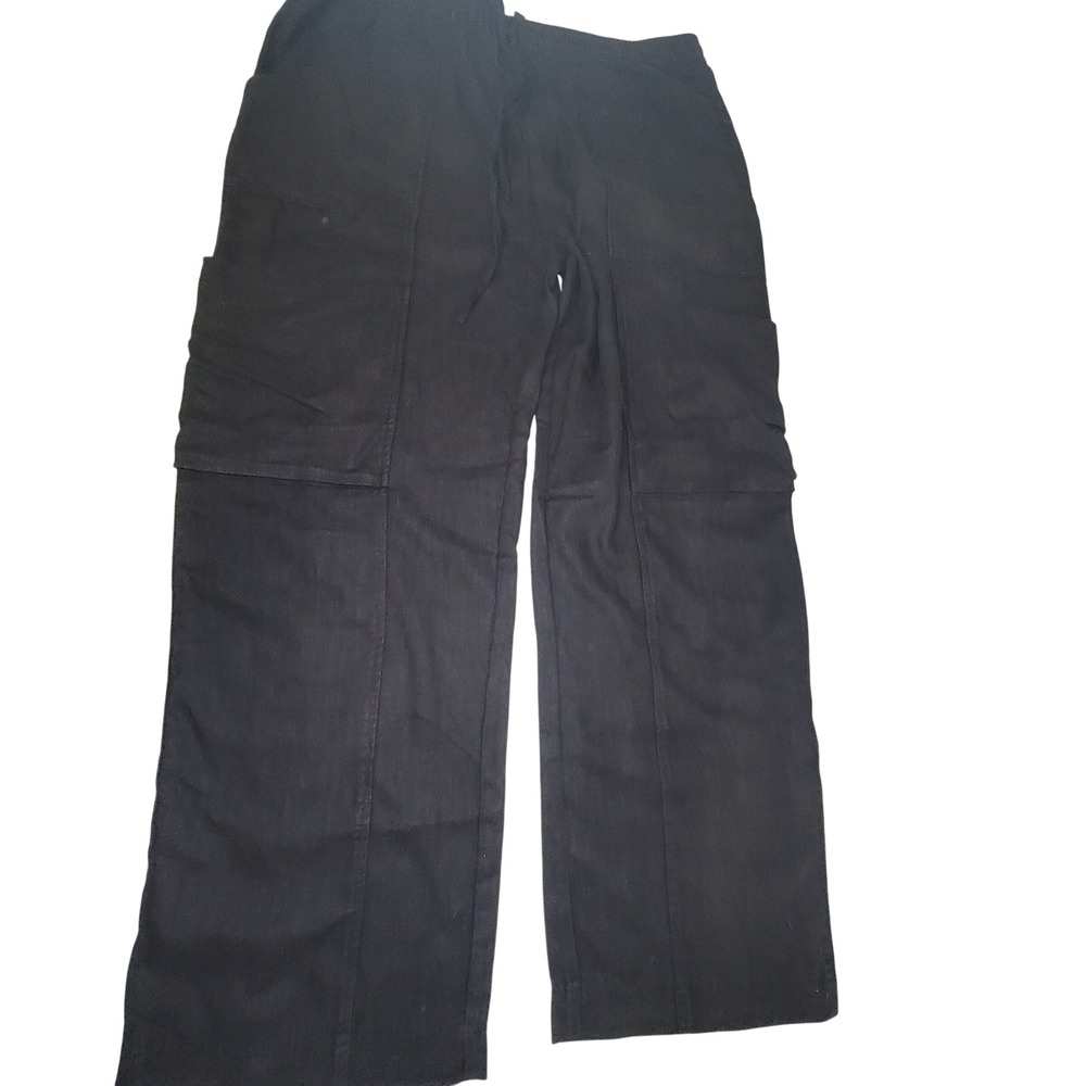 Heyson Womens 2XL Black Cargo Pants High Rise Wide Leg Elastic Waist Linen Blend